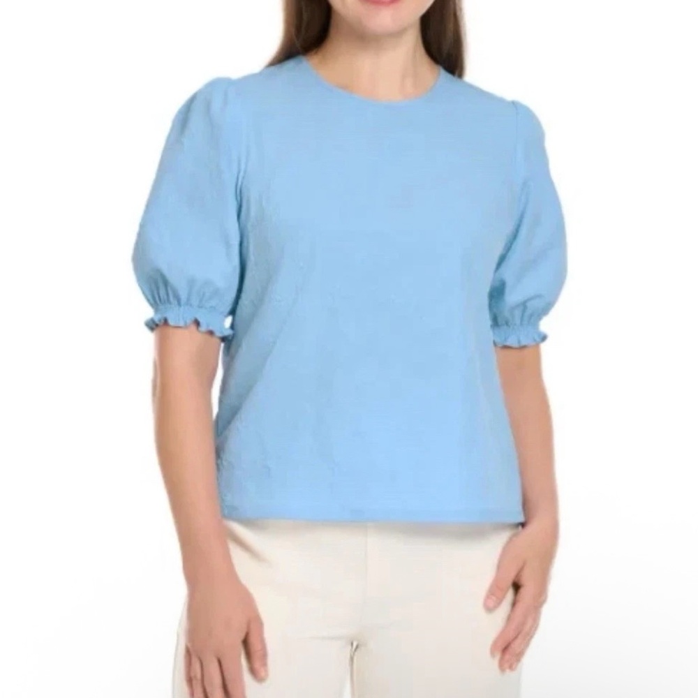 TED BAKER Women's Floral Textured
Puff Sleeve Blouse Top Light Blue
Round Neck L